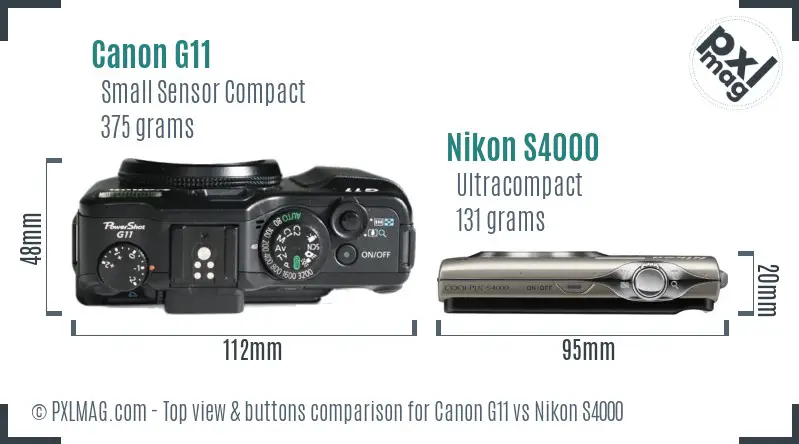 Top view of the Canon G11 and Nikon S4000 showing layout differences
