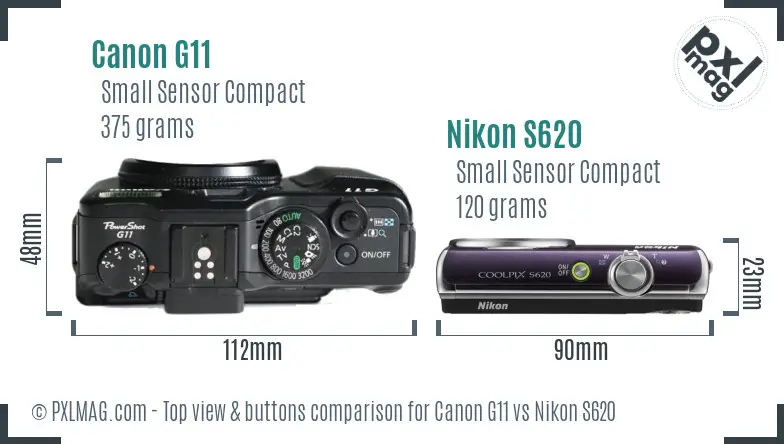 Canon G11 vs Nikon S620 top view buttons comparison Canon G11 vs Nikon S620 top view buttons comparison