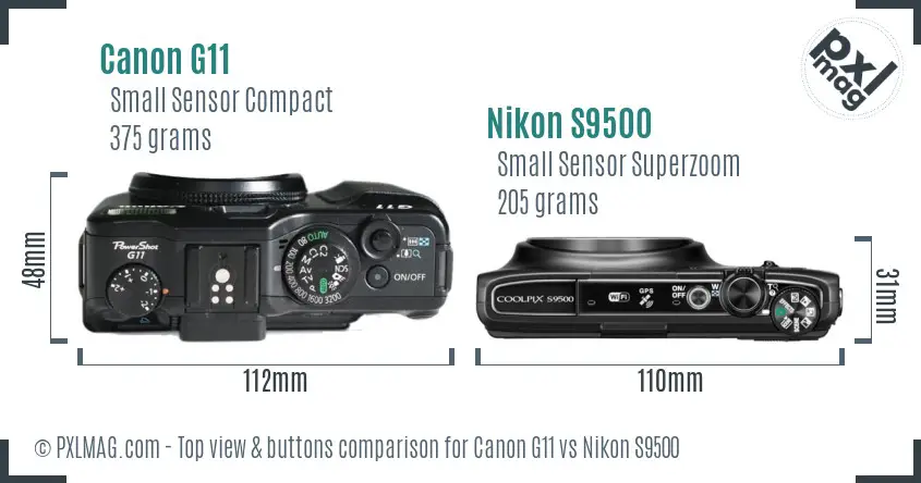 Canon G11 vs Nikon S9500 top view buttons comparison