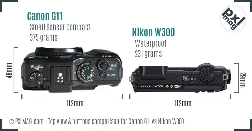 Canon G11 vs Nikon W300 top view buttons comparison