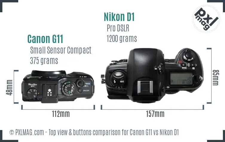 Canon G11 vs Nikon D1 top view buttons comparison
