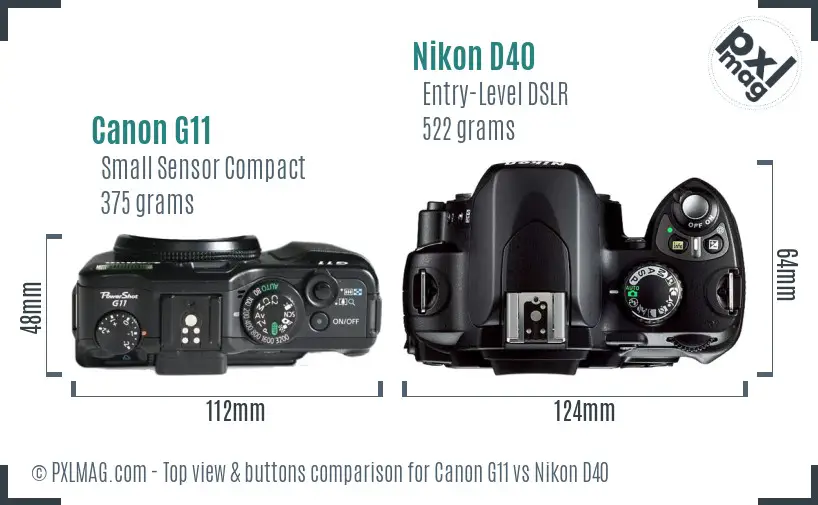Canon G11 vs Nikon D40 top view buttons comparison Canon G11 vs Nikon D40 top view buttons comparison