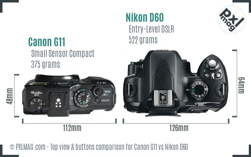 Canon G11 vs Nikon D60 top view buttons comparison Canon G11 vs Nikon D60 top view buttons comparison
