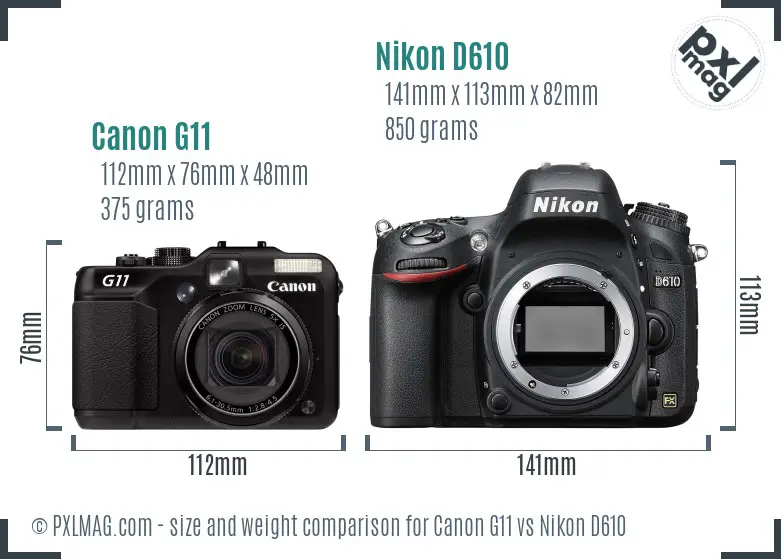 Canon G11 vs Nikon D610 size comparison