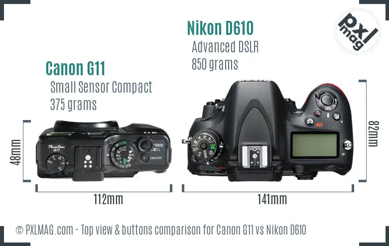 Canon G11 vs Nikon D610 top view buttons comparison