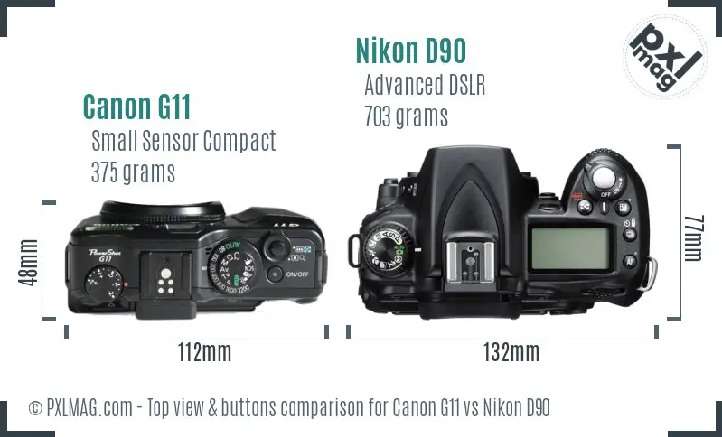 Canon G11 vs Nikon D90 top view buttons comparison Canon G11 vs Nikon D90 top view buttons comparison