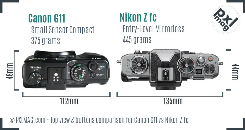 Canon G11 vs Nikon Z fc top view buttons comparison Canon G11 vs Nikon Z fc top view buttons comparison