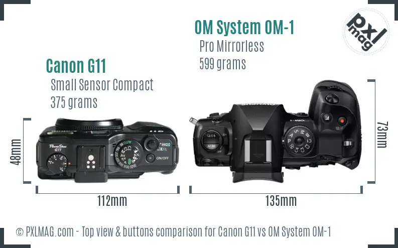 Canon G11 vs OM System OM-1 top view buttons comparison Canon G11 vs OM System OM-1 top view buttons comparison