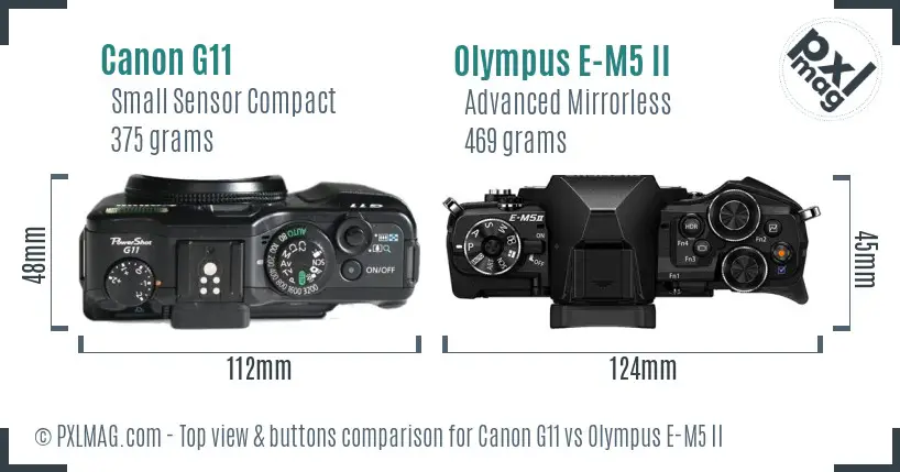 Canon G11 vs Olympus E-M5 II top view buttons comparison