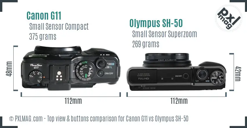 Canon G11 vs Olympus SH-50 top view buttons comparison