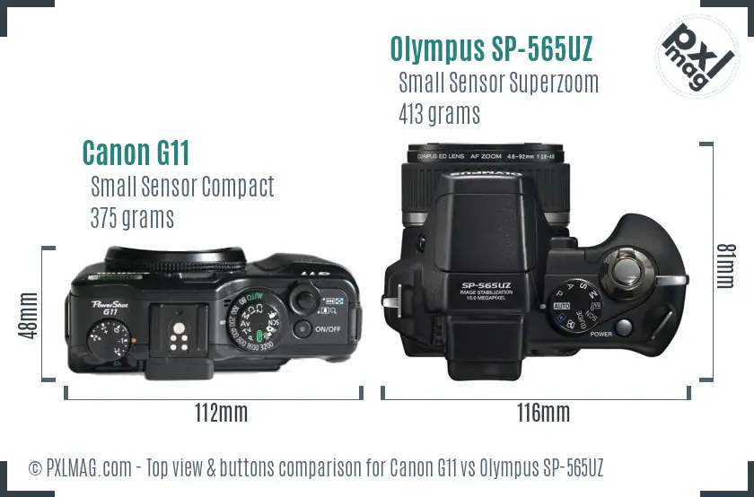Canon G11 vs Olympus SP-565UZ top view buttons comparison