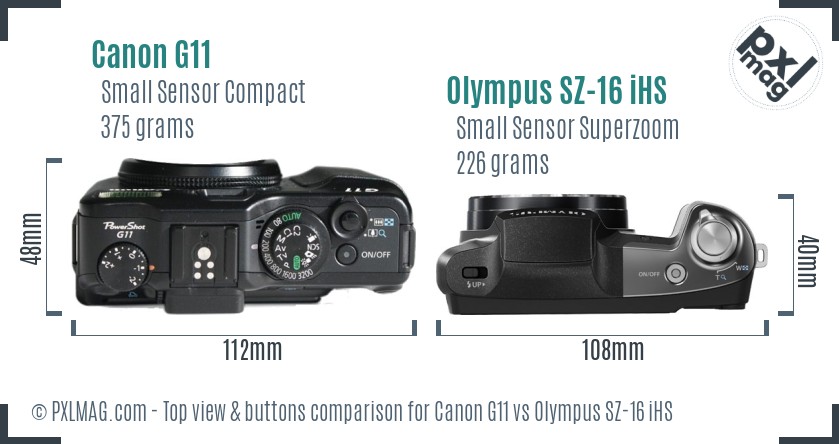 Canon G11 vs Olympus SZ-16 iHS top view buttons comparison