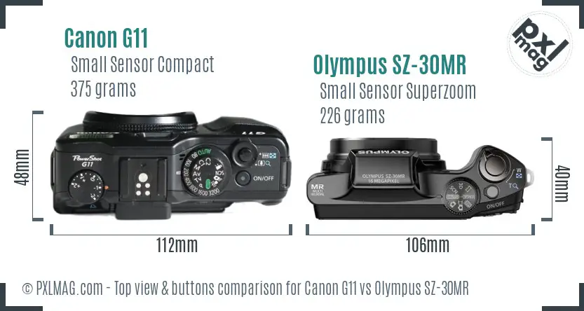Canon G11 vs Olympus SZ-30MR top view buttons comparison