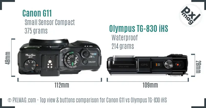 Canon G11 vs Olympus TG-830 iHS top view buttons comparison