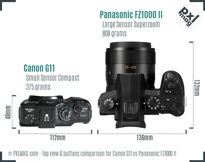 Canon G11 vs Panasonic FZ1000 II top view buttons comparison Canon G11 vs Panasonic FZ1000 II top view buttons comparison