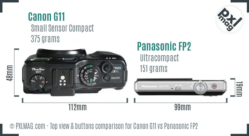 Canon G11 vs Panasonic FP2 top view buttons comparison Canon G11 vs Panasonic FP2 top view buttons comparison