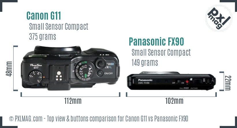 Canon G11 vs Panasonic FX90 top view buttons comparison