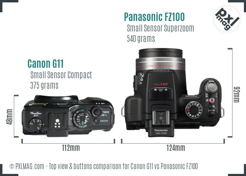Canon G11 vs Panasonic FZ100 top view buttons comparison