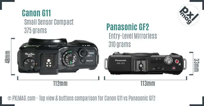 Canon G11 vs Panasonic GF2 top view buttons comparison Canon G11 vs Panasonic GF2 top view buttons comparison