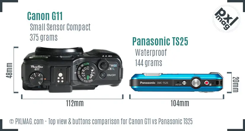 Canon G11 vs Panasonic TS25 top view buttons comparison