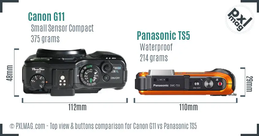 Canon G11 vs Panasonic TS5 top view buttons comparison