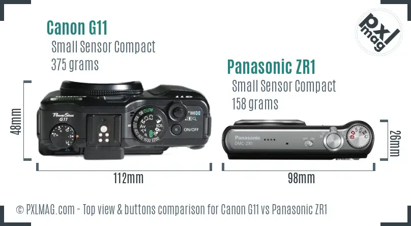 Canon G11 vs Panasonic ZR1 top view buttons comparison Canon G11 vs Panasonic ZR1 top view buttons comparison
