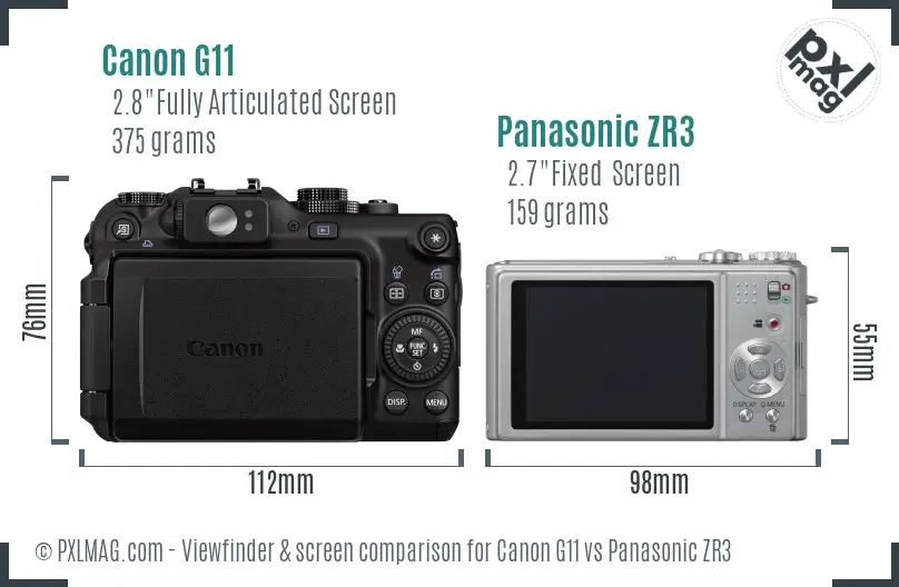 Canon G11 vs Panasonic ZR3 Screen and Viewfinder comparison