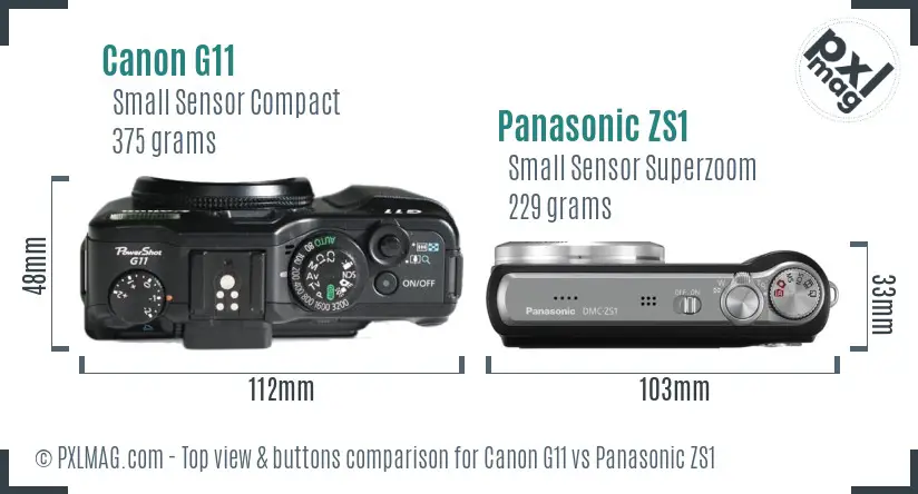 Canon G11 vs Panasonic ZS1 top view buttons comparison