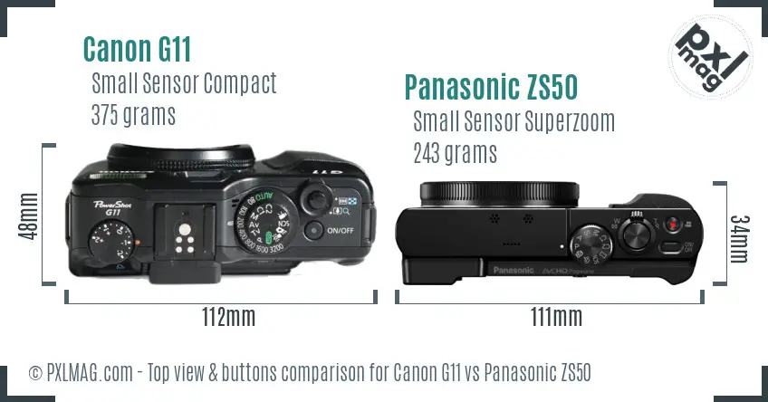 Canon G11 vs Panasonic ZS50 top view buttons comparison