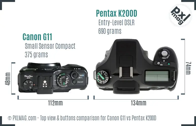 Canon G11 vs Pentax K200D top view buttons comparison Canon G11 vs Pentax K200D top view buttons comparison
