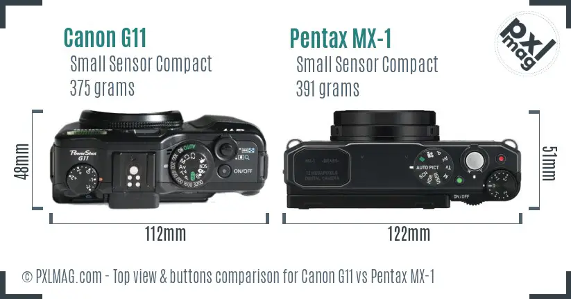 Canon G11 vs Pentax MX-1 top view buttons comparison