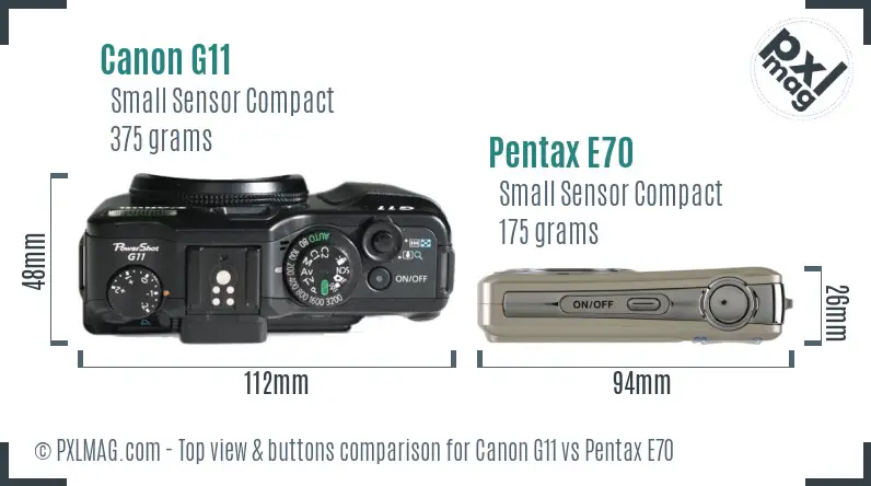 Canon G11 vs Pentax E70 top view buttons comparison