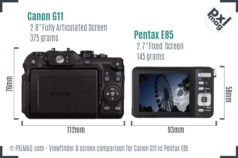 Canon G11 vs Pentax E85 Screen and Viewfinder comparison