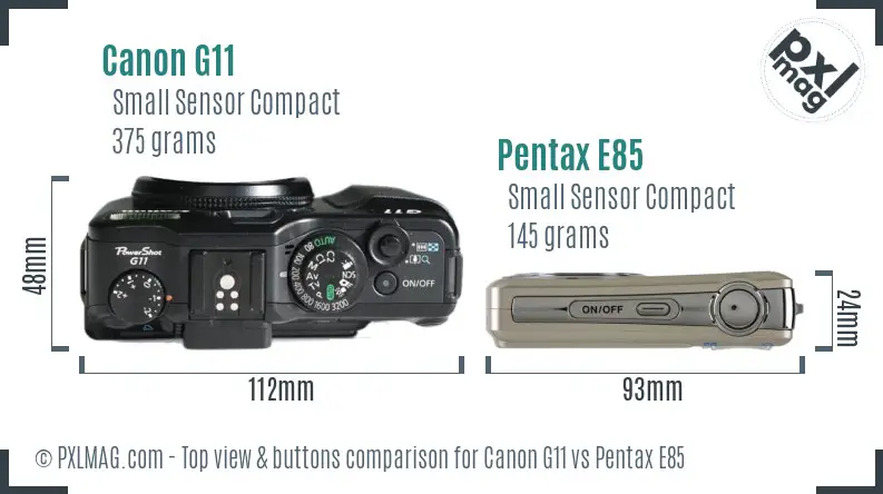 Canon G11 vs Pentax E85 top view buttons comparison