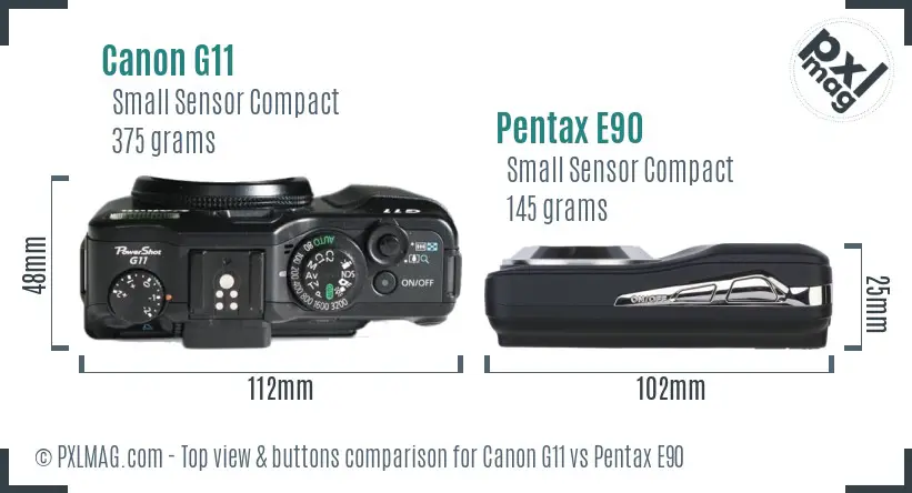 Canon G11 vs Pentax E90 top view buttons comparison