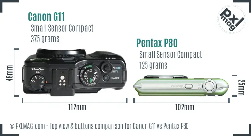 Canon G11 vs Pentax P80 top view buttons comparison