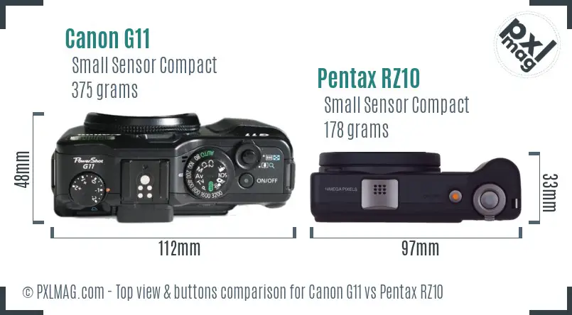 Canon G11 vs Pentax RZ10 top view buttons comparison