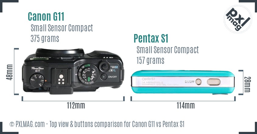 Canon G11 vs Pentax S1 top view buttons comparison