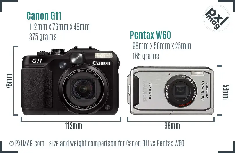 Canon G11 vs Pentax W60 size comparison