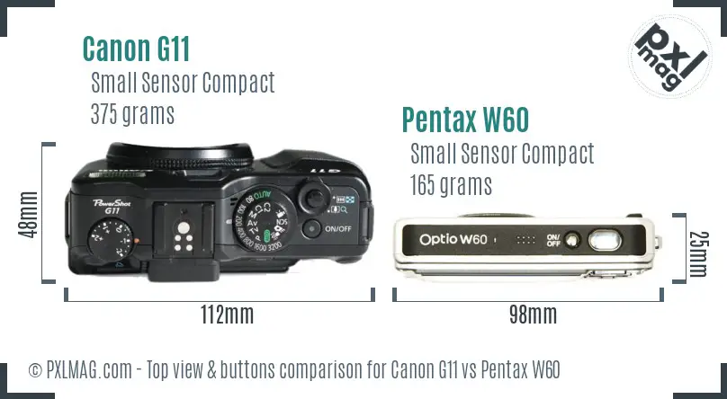 Canon G11 vs Pentax W60 top view buttons comparison