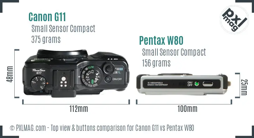 Canon G11 vs Pentax W80 top view buttons comparison