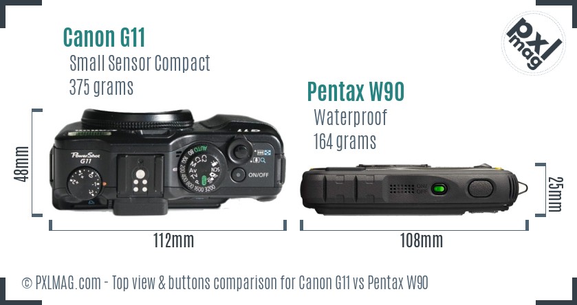 Canon G11 vs Pentax W90 top view buttons comparison