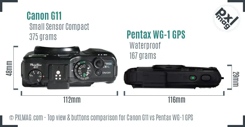 Canon G11 vs Pentax WG-1 GPS top view buttons comparison Canon G11 vs Pentax WG-1 GPS top view buttons comparison