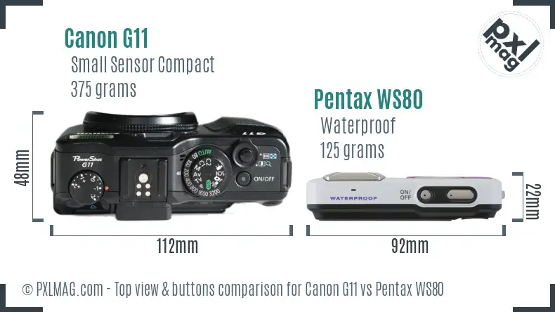 Canon G11 vs Pentax WS80 top view buttons comparison