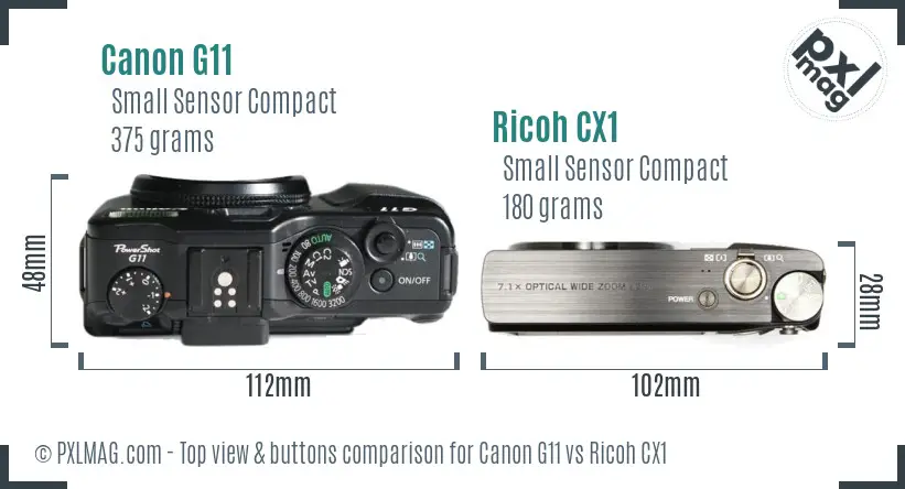 Canon G11 vs Ricoh CX1 top view buttons comparison