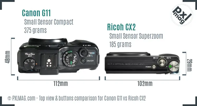 Canon G11 vs Ricoh CX2 top view buttons comparison Canon G11 vs Ricoh CX2 top view buttons comparison