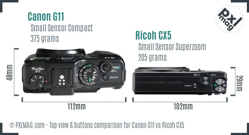 Canon G11 vs Ricoh CX5 top view buttons comparison Canon G11 vs Ricoh CX5 top view buttons comparison
