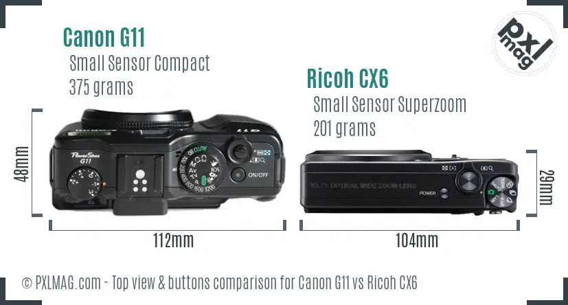 Canon G11 vs Ricoh CX6 top view buttons comparison