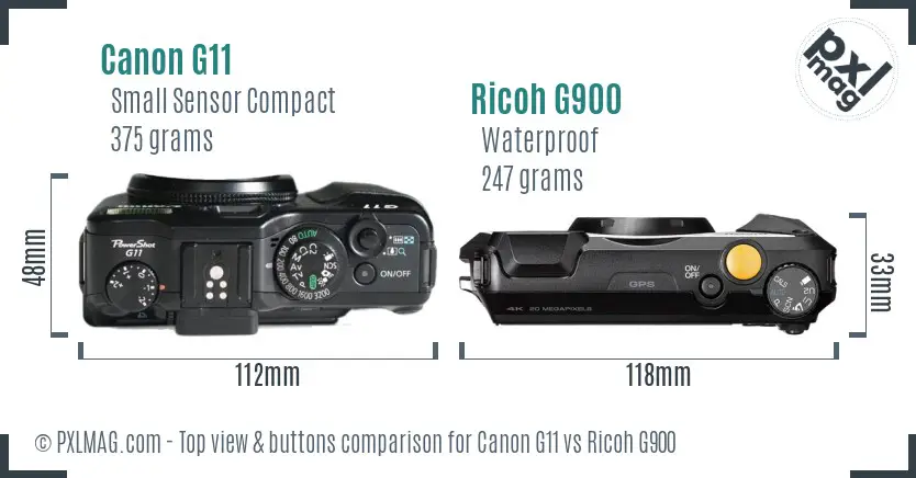 Canon G11 vs Ricoh G900 top view buttons comparison