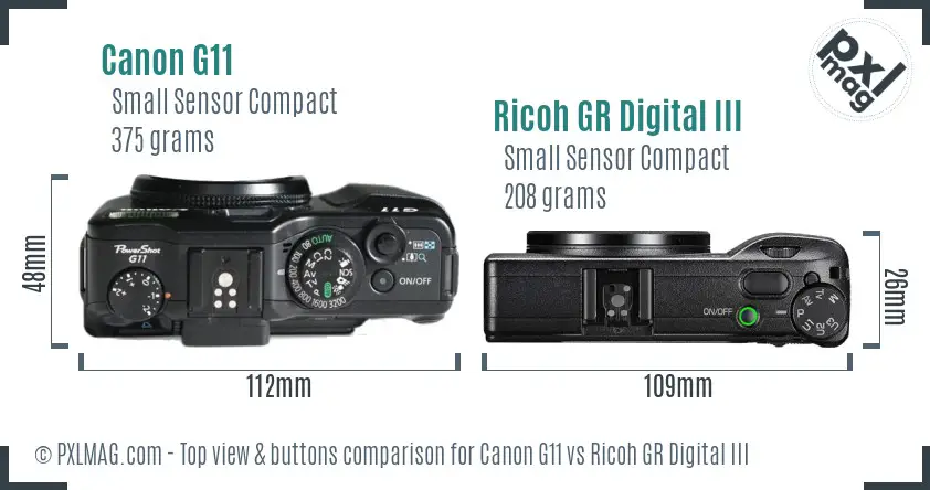 Canon G11 vs Ricoh GR Digital III top view buttons comparison